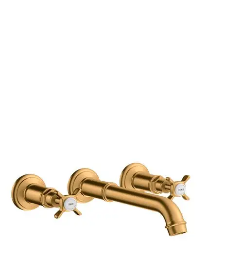 Wandmontierte Waschtischarmatur in Brushed Gold Optik von AXOR mit zwei Kreuzgriffen für heiße und kalte Wassersteuerung sowie einem schwenkbaren Auslauf.